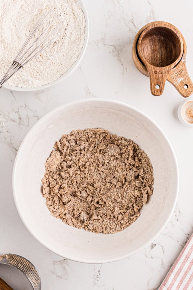 overhead view of mixed crumb topping for strawberry coffee cake