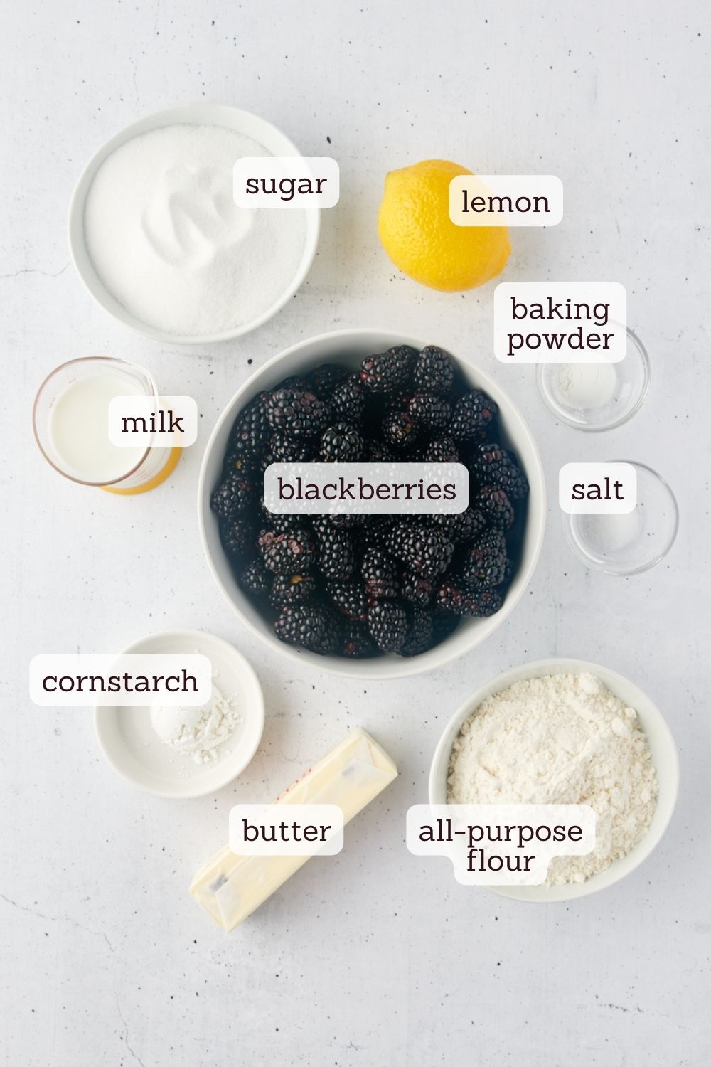 overhead view of ingredients for blackberry cobbler