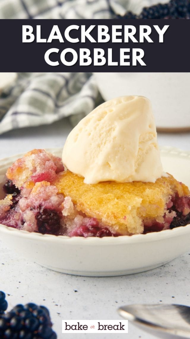 blackberry cobbler in a white bowl topped with vanilla ice cream; text overlay "blackberry cobbler bake or break"