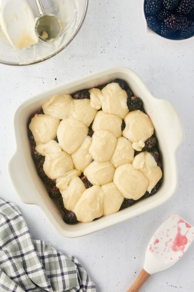 overhead view of blackberry cobbler ready to go into the oven