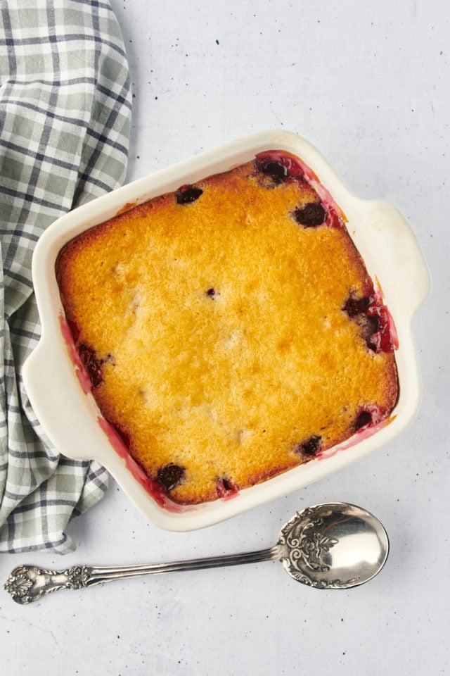 overhead view of freshly baked blackberry cobbler