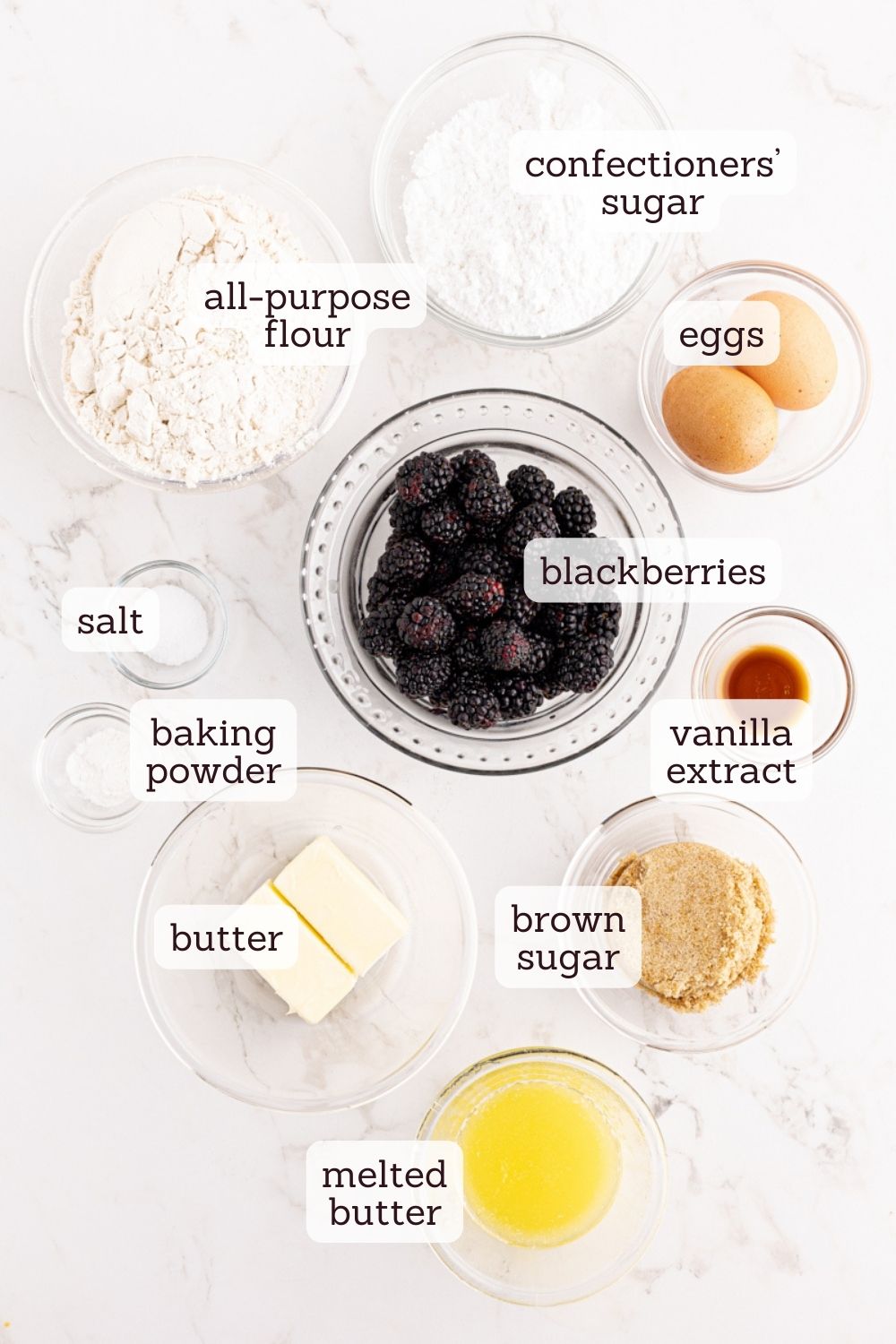 overhead view of ingredients for blackberry crumb bars