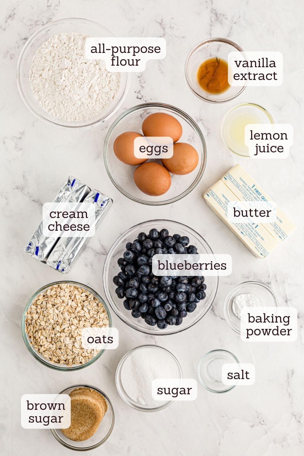 overhead view of ingredients for blueberry oat cheesecake bars