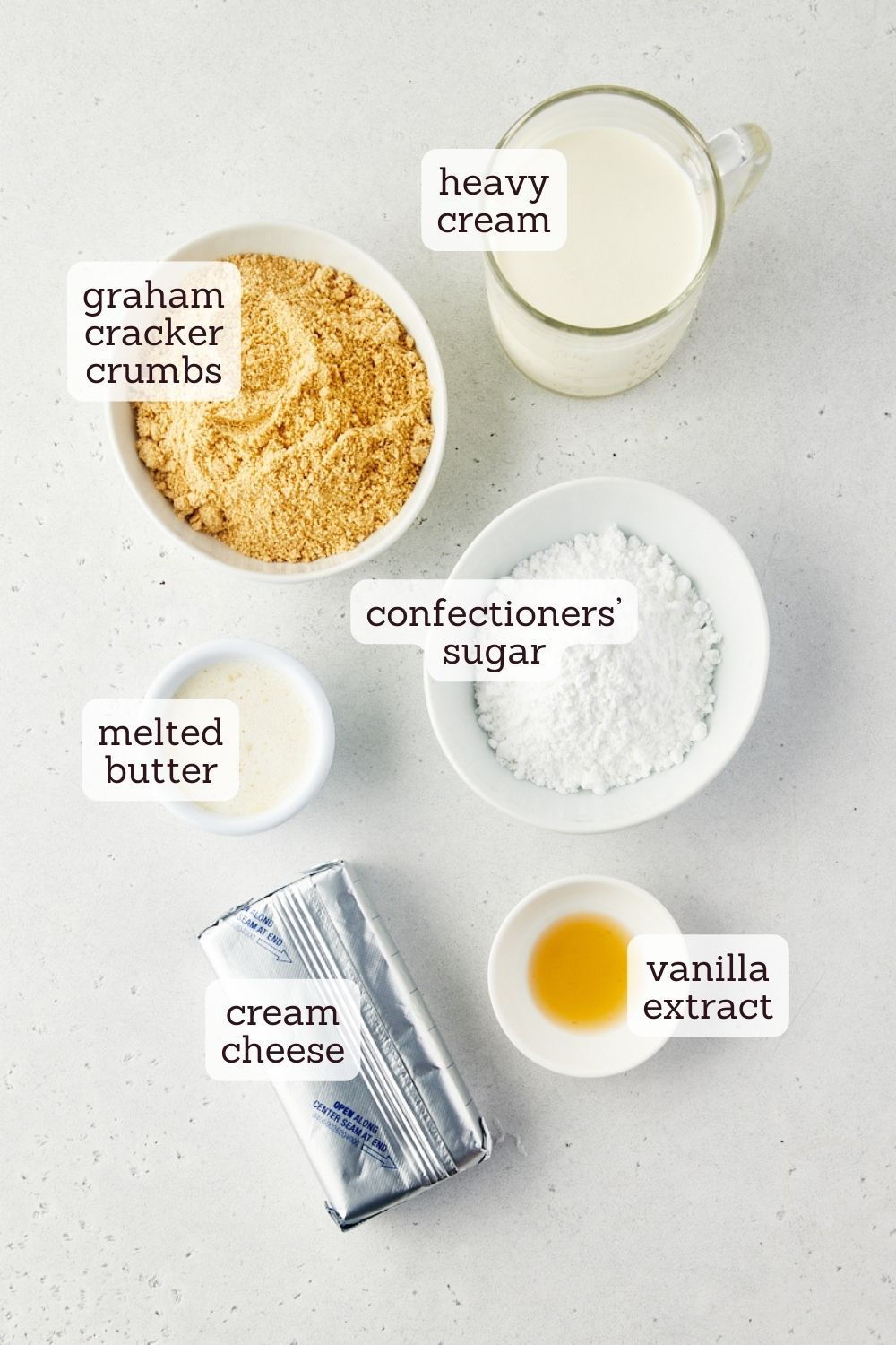 overhead view of ingredients for no-bake cheesecake jars