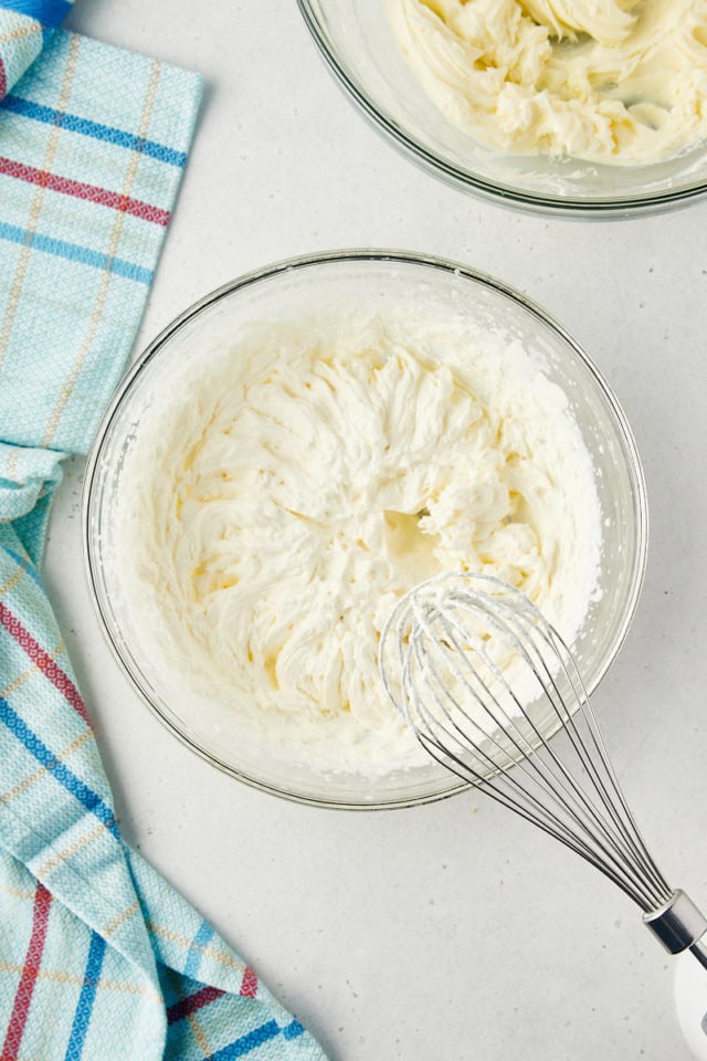 overhead view of cream whipped to stiff peaks