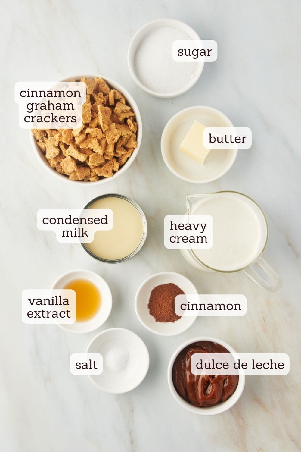 Overhead view of ingredients for churro ice cream