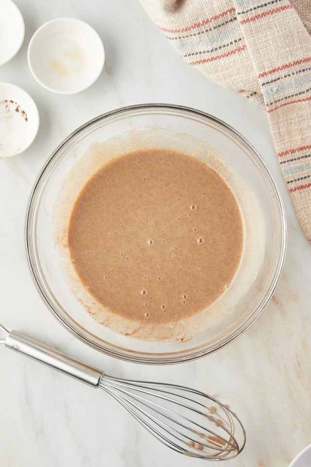 Overhead view of cinnamon ice cream mixture in bowl