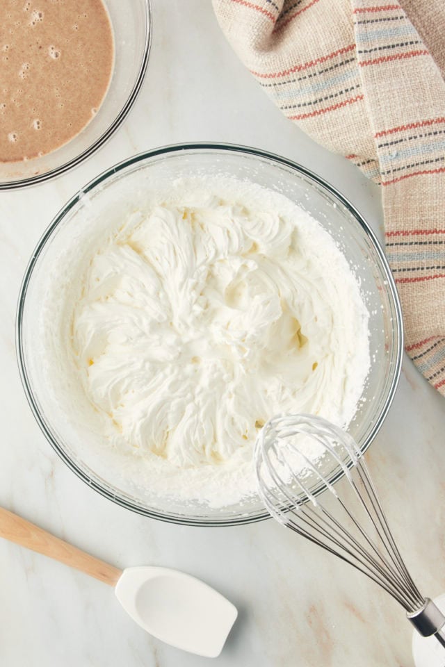 Overhead view of whipped cream in bowl