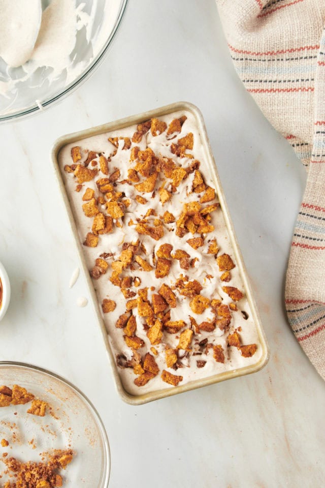 Overhead view of churro ice cream in loaf pan