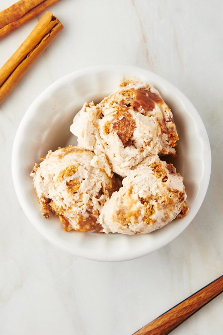 Overhead view of churro ice cream in bowl