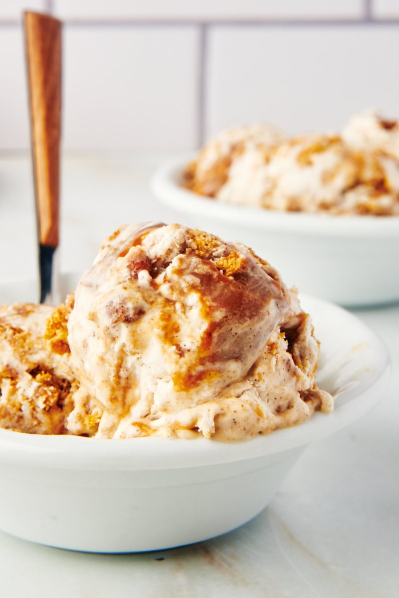 Bowl of churro ice cream with spoon