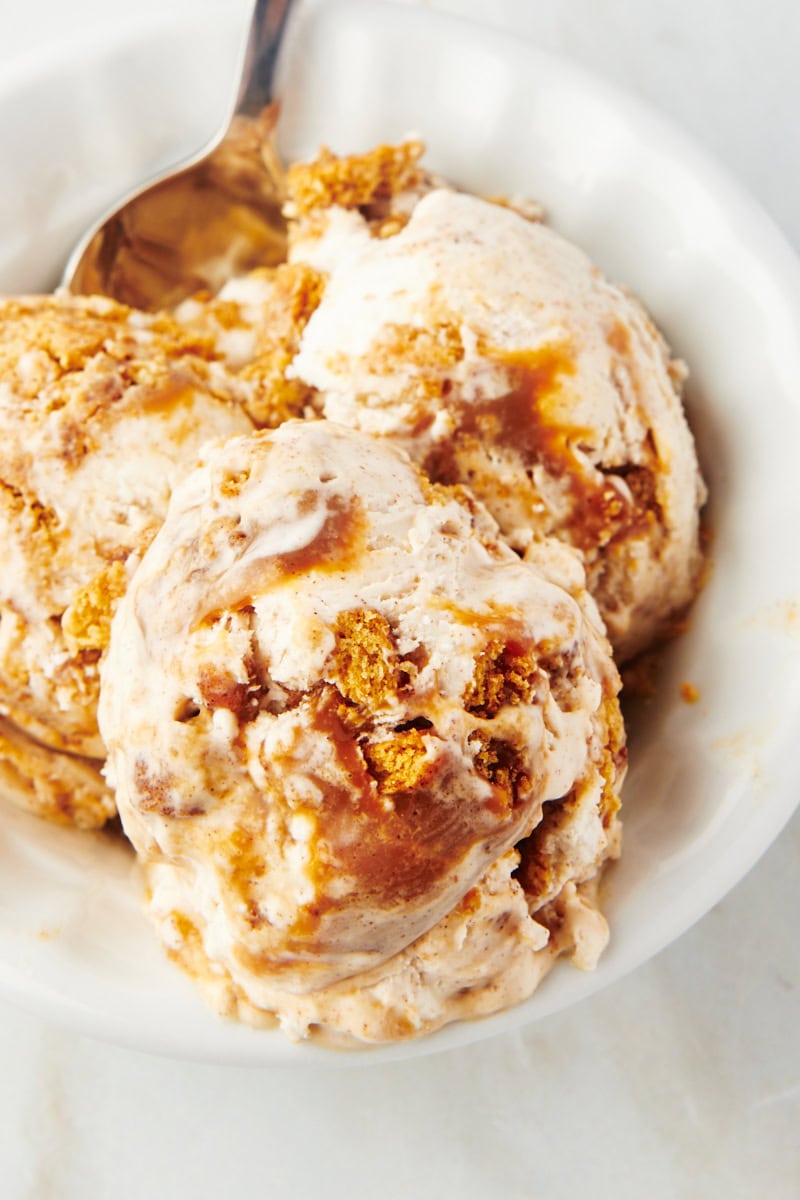 Scoops of churro ice cream in bowl