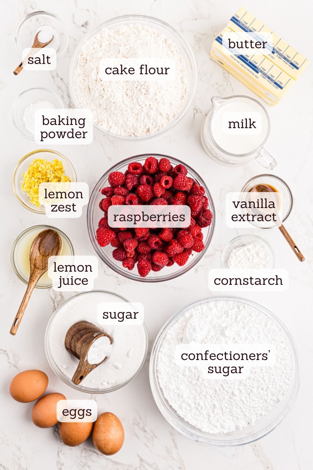 overhead view of ingredients for lemon raspberry cake