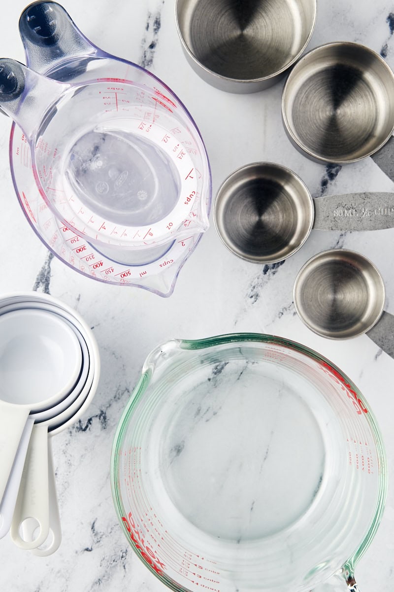 overhead view of various dry and wet measuring cups