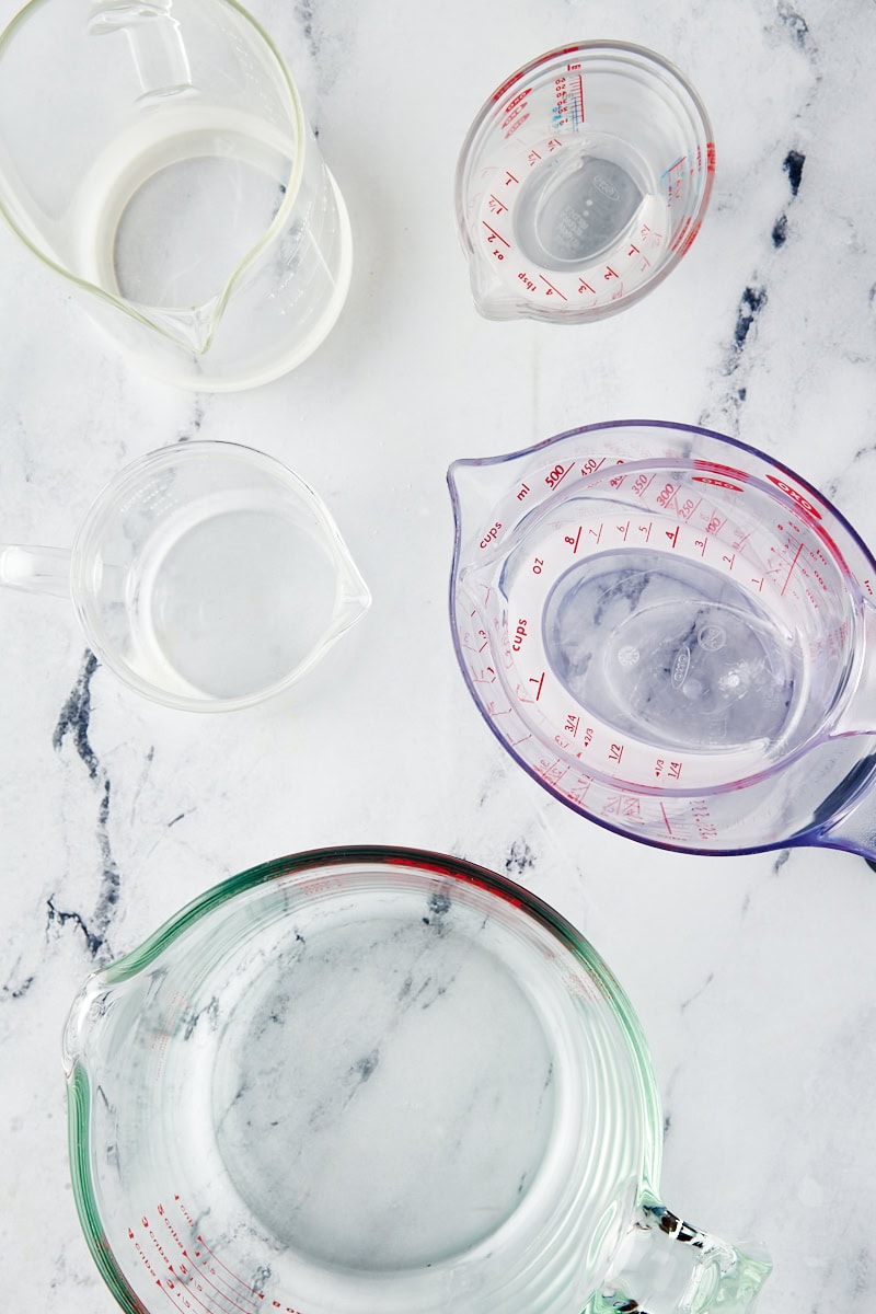 overhead view of various liquid measuring cups