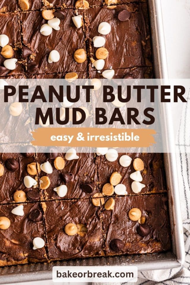 overhead view of peanut butter mud bars in a baking pan; text overlay "peanut butter mud bars easy & irresistible bakeorbreak.com"