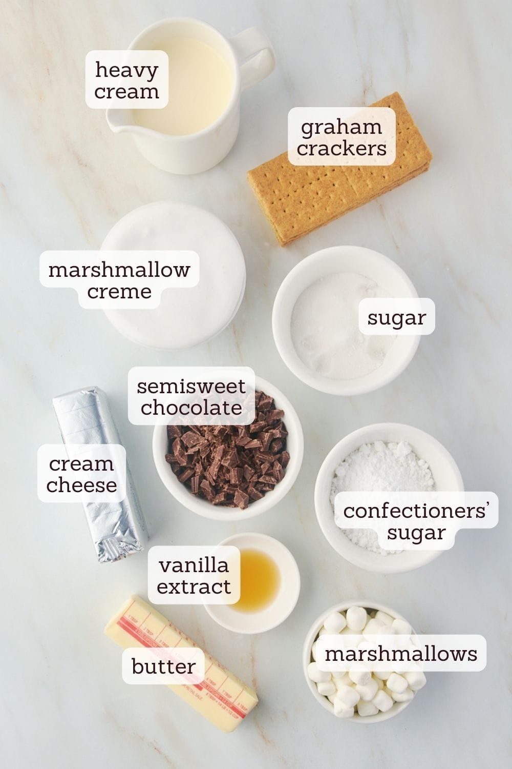 overhead view of labeled ingredients for s'mores pie