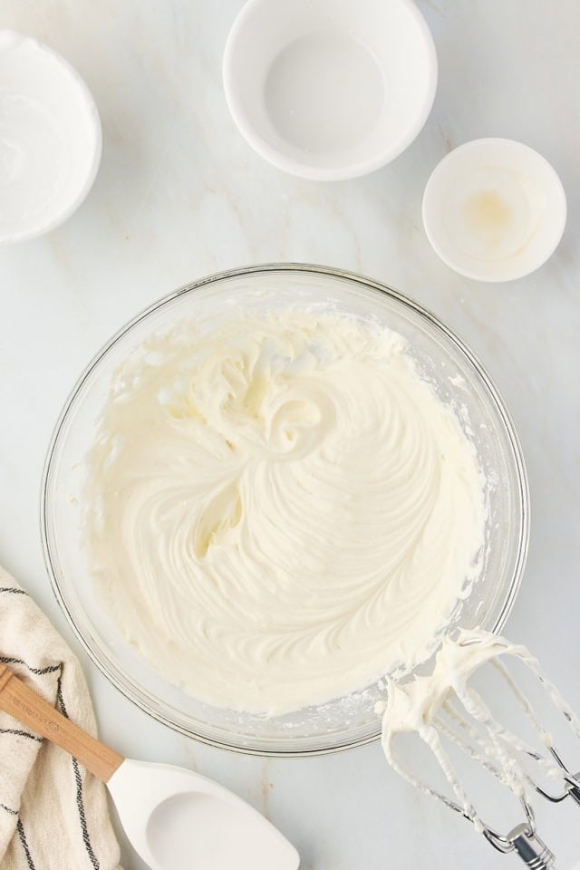 overhead view of combined cream cheese mixture for s'mores pie