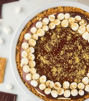 overhead view of s'mores pie in a metal pie pan