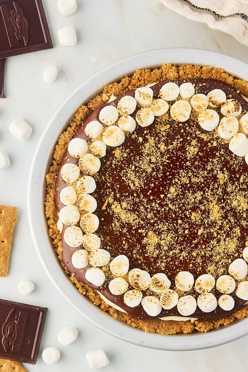 overhead view of s'mores pie in a metal pie pan