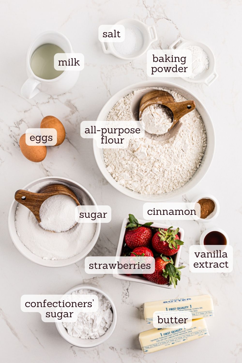 overhead view of ingredients for strawberry coffee cake