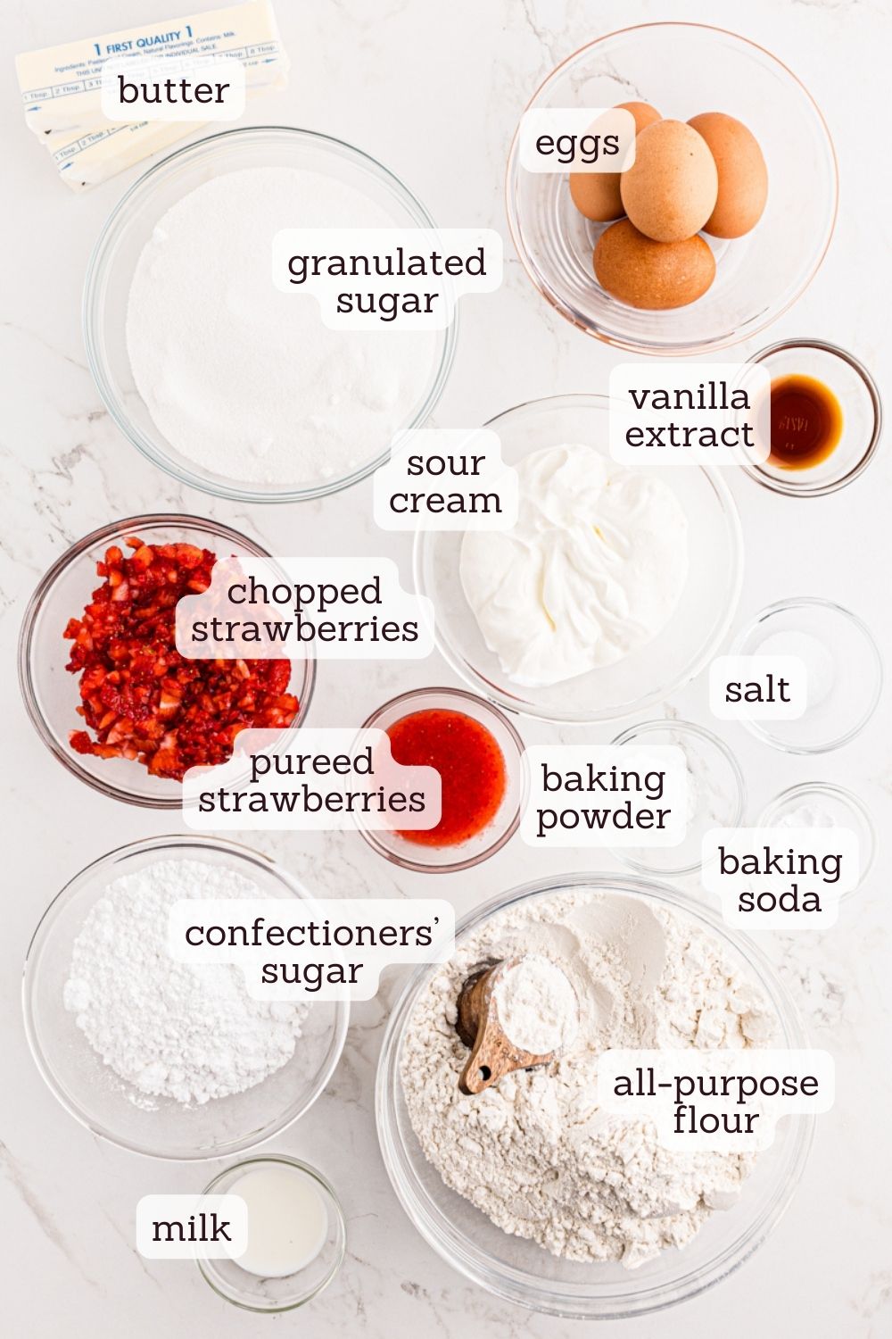 overhead view of ingredients for strawberry pound cake