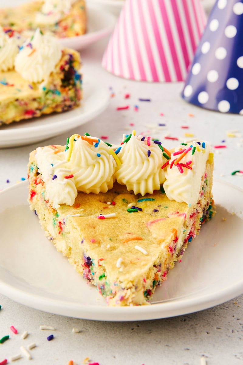 slice of sugar cookie cake on a white plate