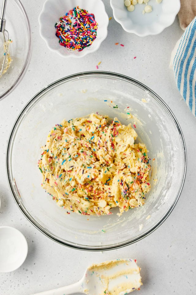 overhead view of mixed sugar cookie cake dough