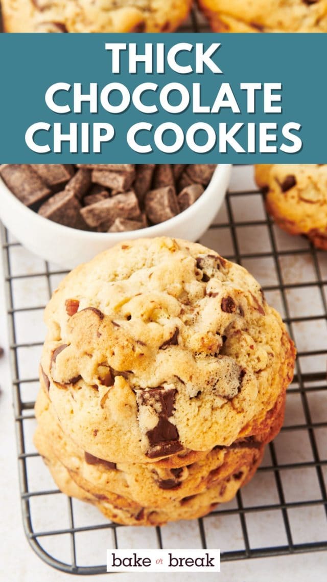 a stack of three thick chocolate chip cookies on a wire rack; text overlay 