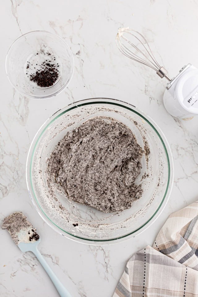 overhead view of mixed cookies and cream cake filling