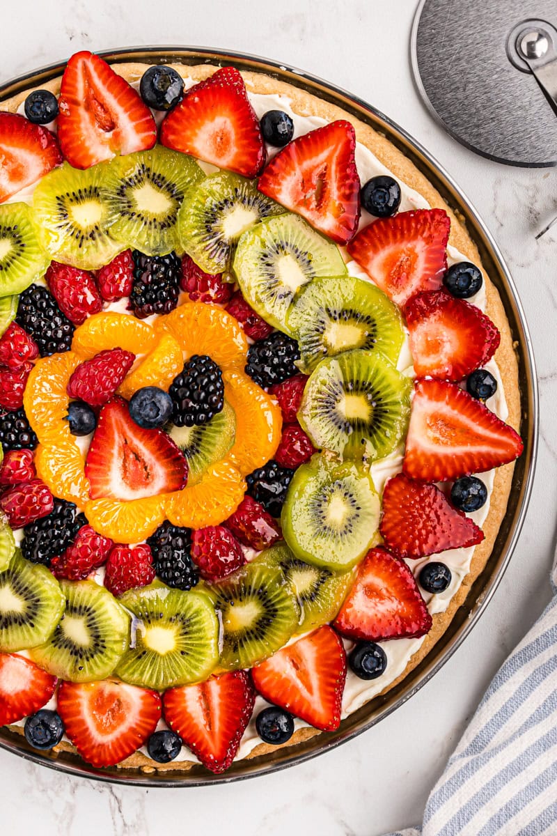 overhead view of fruit pizza