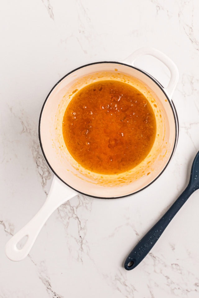 overhead view of apricot glaze in a saucepan