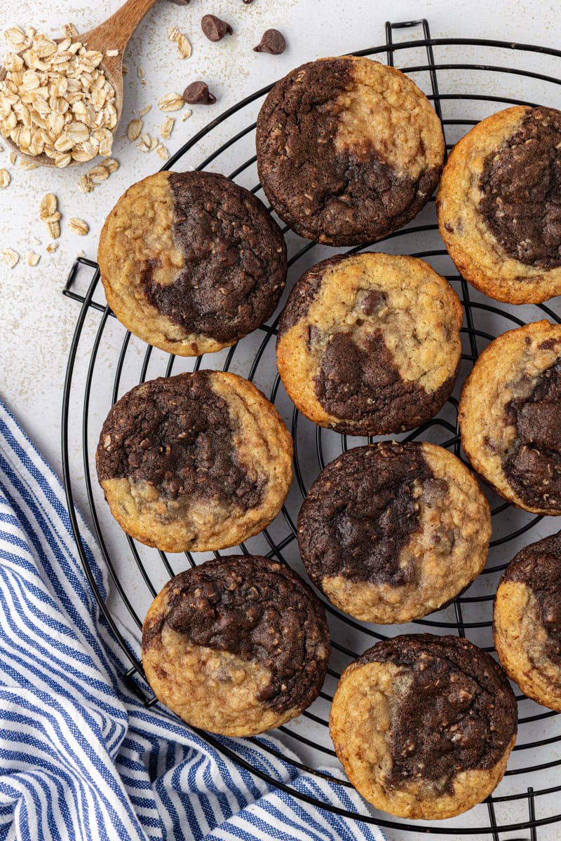 overhead view of marbled chocolate chip cookies on a wire rack