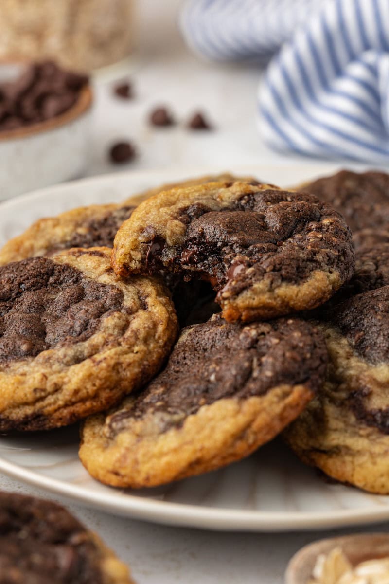 marbled chocolate chip cookies on a white plate