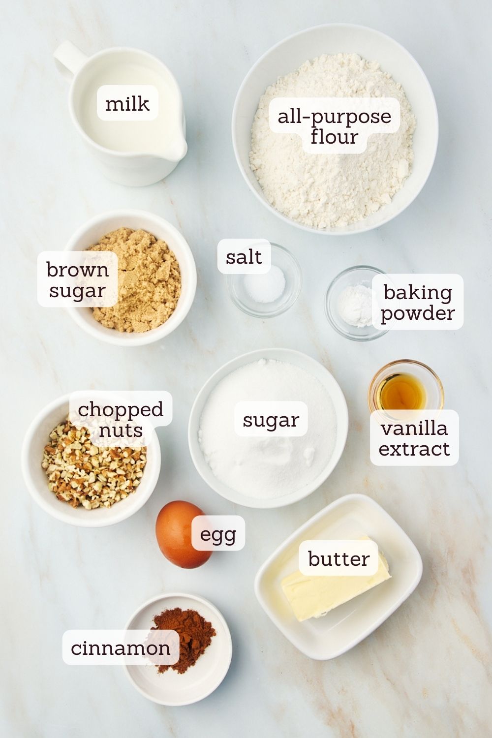 overhead view of labeled ingredients for cinnamon swirl bread