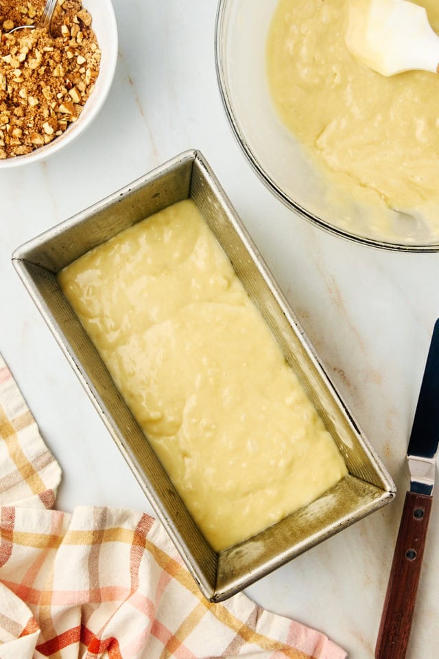 overhead view of cinnamon swirl bread batter in a loaf pan