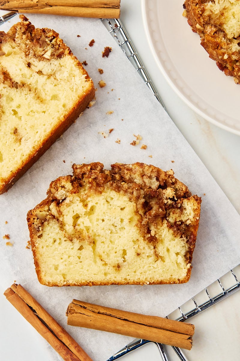 overhead view of a slice of cinnamon swirl bread on parchment paper