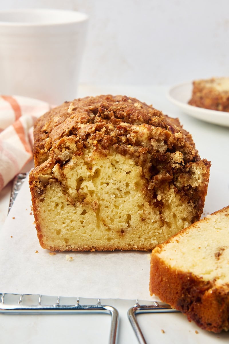 cinnamon swirl bread partially sliced to show the cinnamon swirl