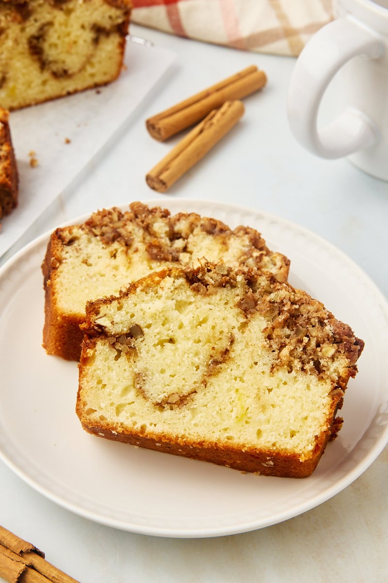 two slices of cinnamon swirl bread on a white plate