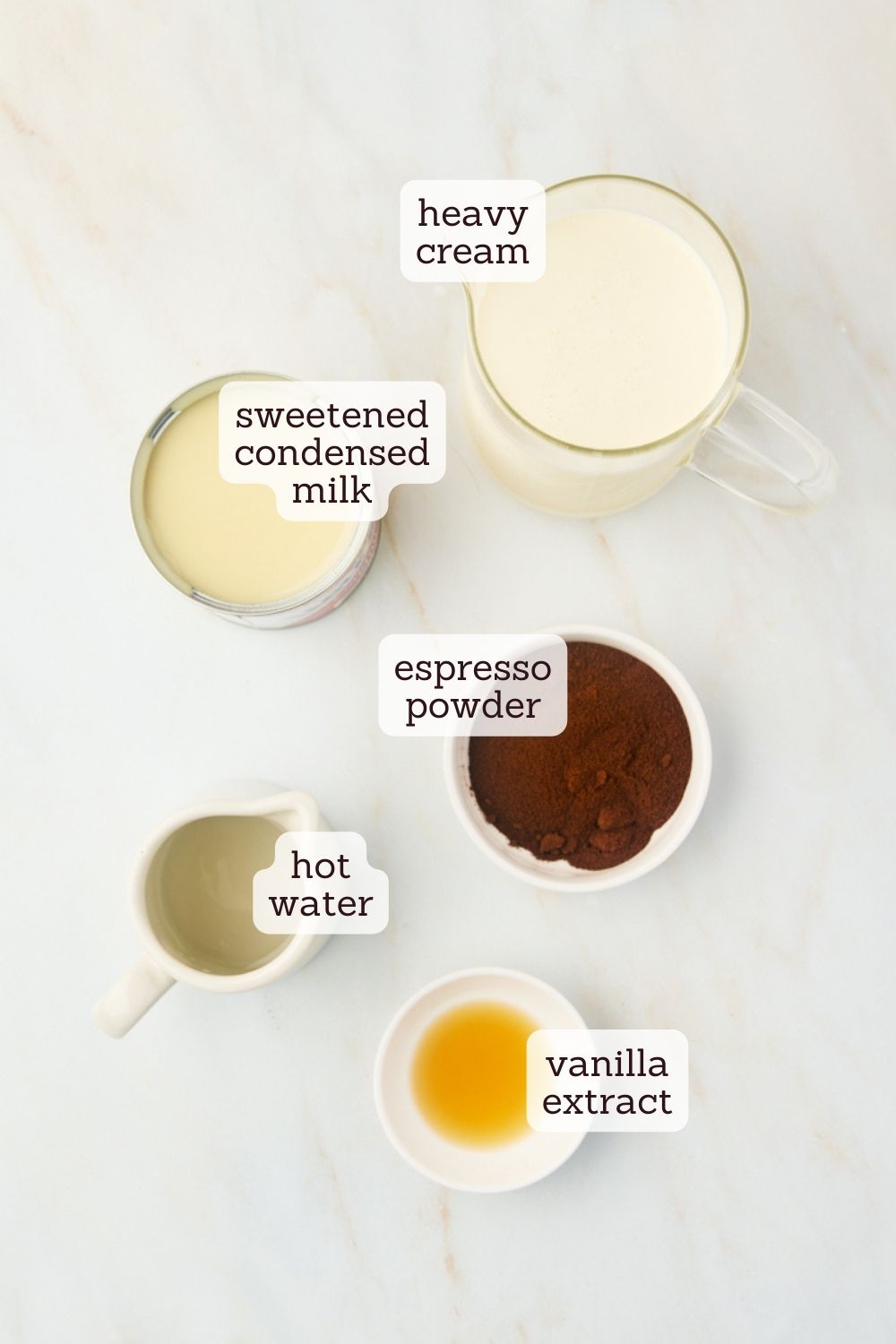 overhead view of labeled ingredients for coffee ice cream