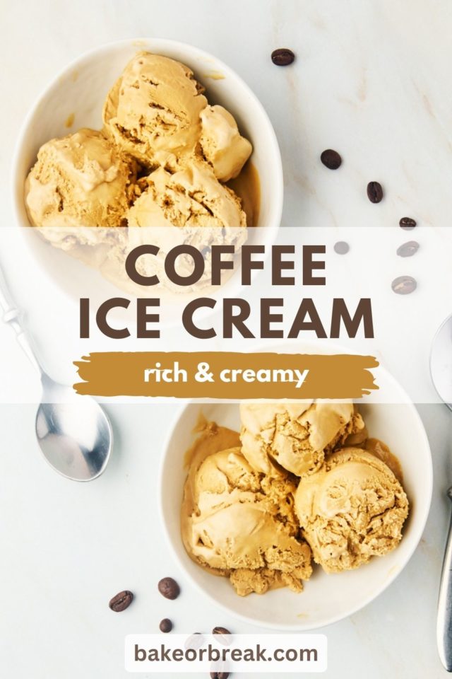 overhead view of two bowls of coffee ice cream; text overlay "coffee ice cream rich & creamy bakeorbreak.com"