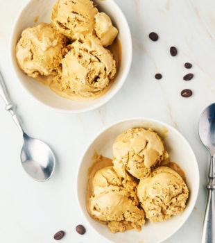 overhead view of two bowls of coffee ice cream