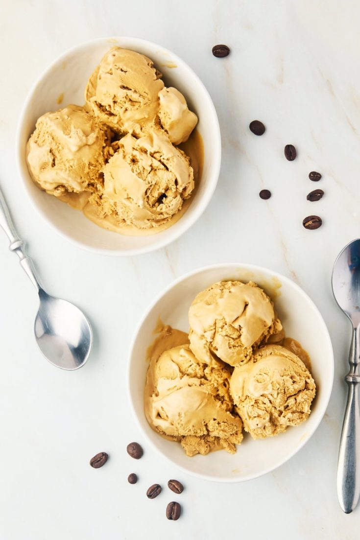 overhead view of two bowls of coffee ice cream