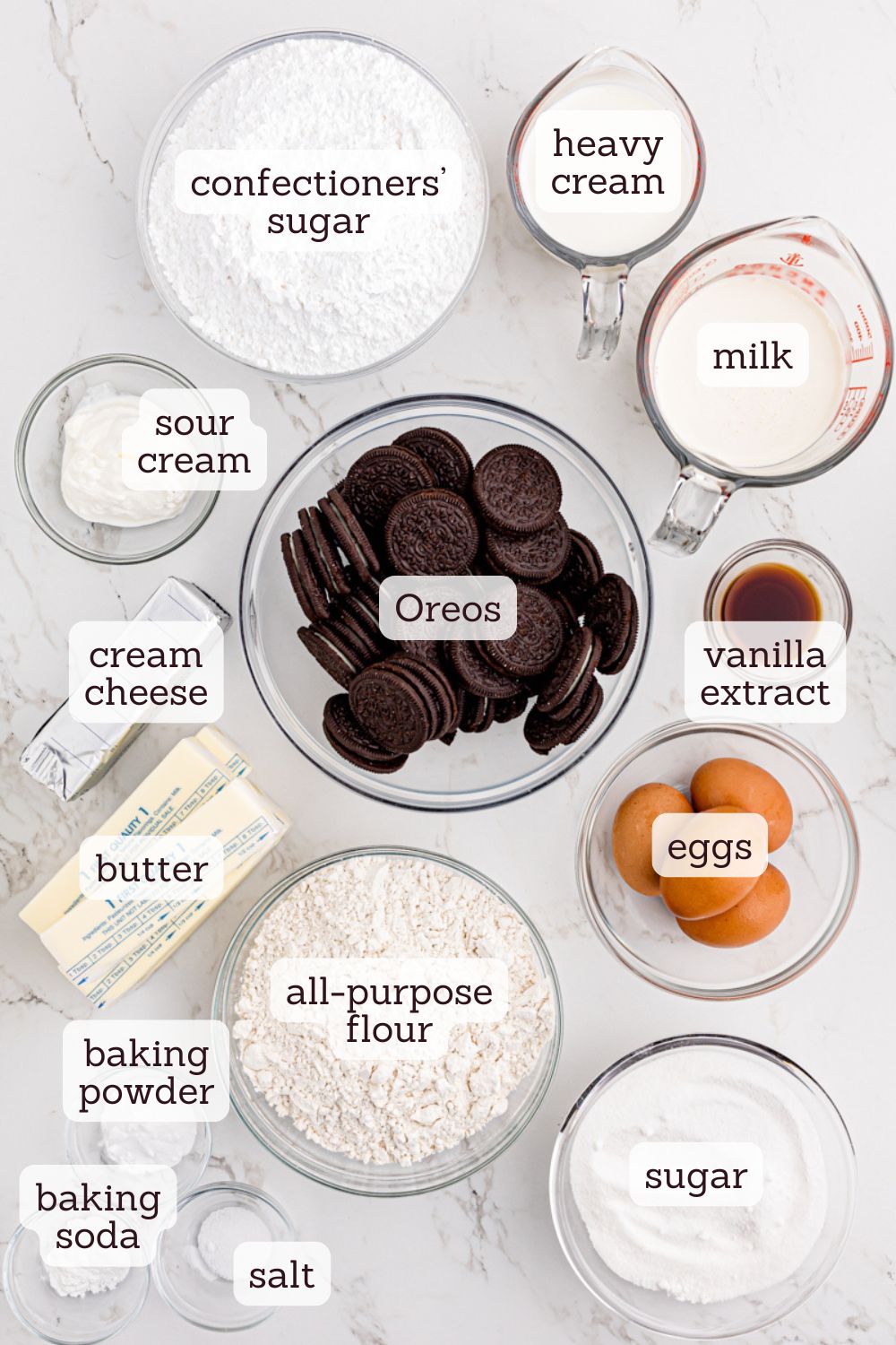 overhead view of labeled ingredients for cookies and cream cake