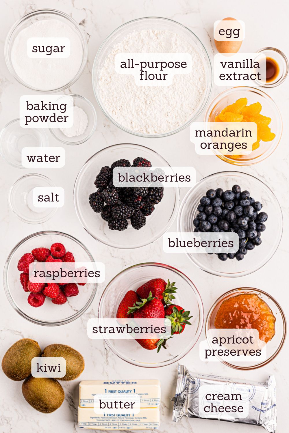 overhead view of labeled ingredients for fruit pizza