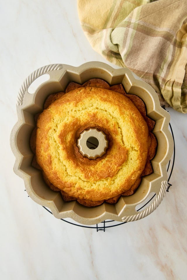 Overhead view of limoncello cake in Bundt pan