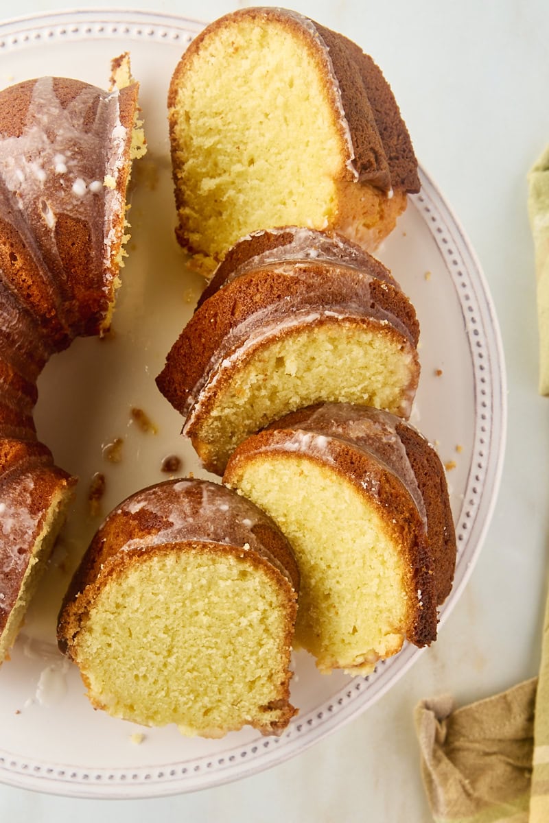 Sliced limoncello cake on cake stand