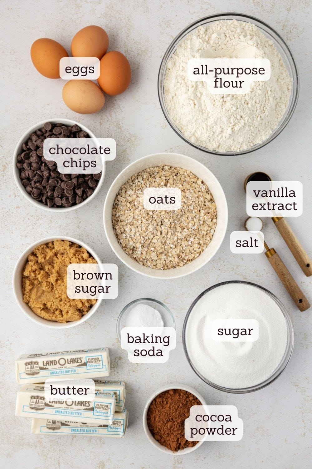 overhead view of labeled ingredients for marbled chocolate chip cookies