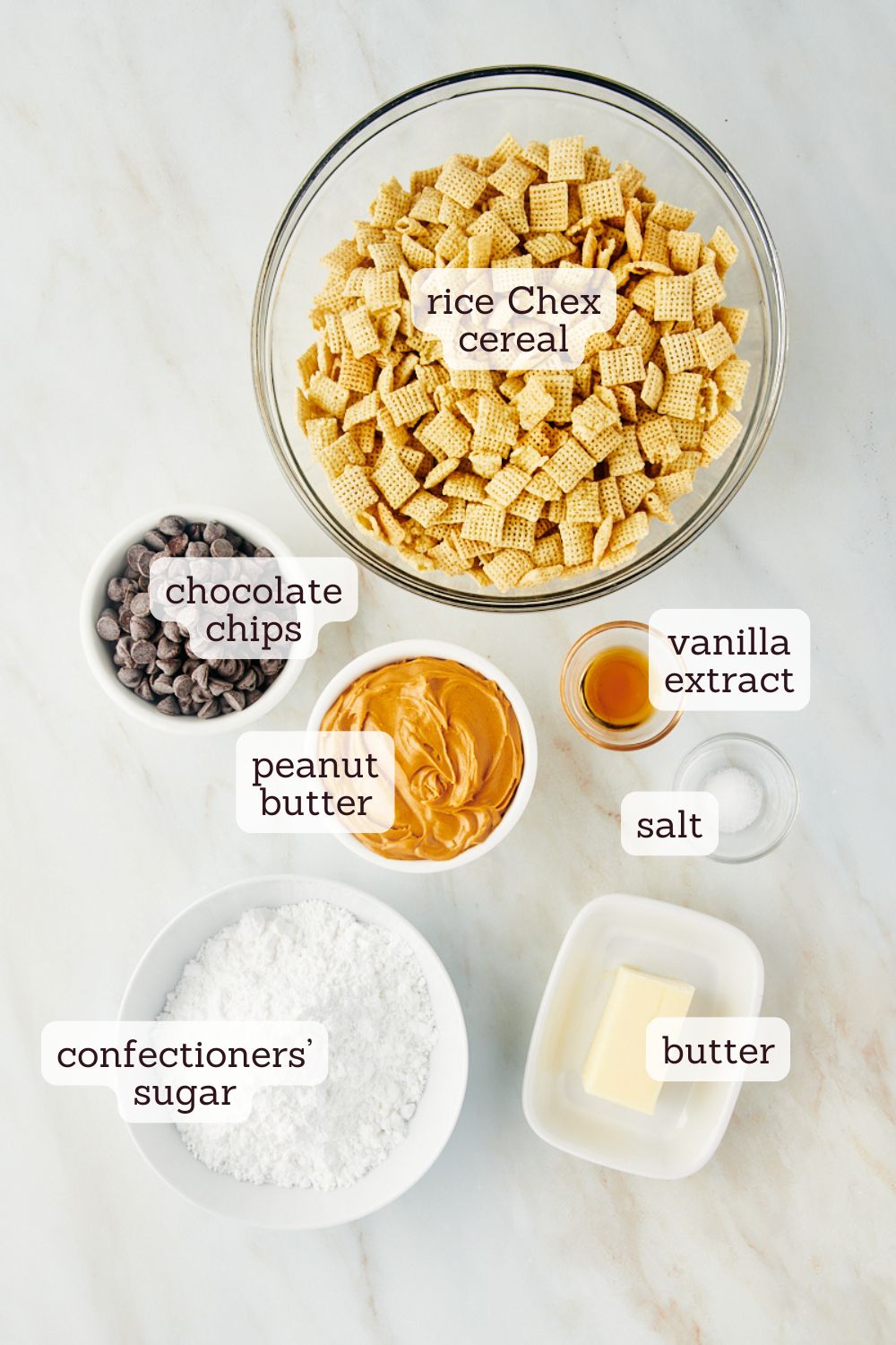 overhead view of labeled ingredients for muddy buddies