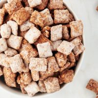 overhead view of muddy buddies in a white bowl